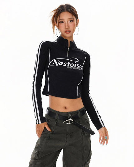 TALKLESSFASHION XPKAEAX American Spice Girl Monogram Print Half Zip High Neck Long Sleeve T-Shirt Women's Fall Slim Crop Top