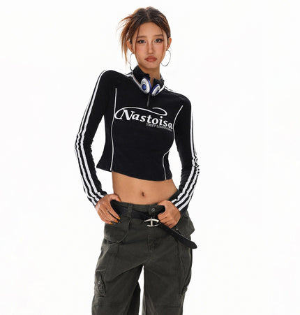 THETLSTUDIO XPKAEAX American Spice Girl Monogram Print Half Zip High Neck Long Sleeve T-Shirt Women's Fall Slim Crop Top