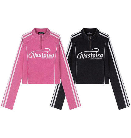 THETLSTUDIO XPKAEAX American Spice Girl Monogram Print Half Zip High Neck Long Sleeve T-Shirt Women's Fall Slim Crop Top