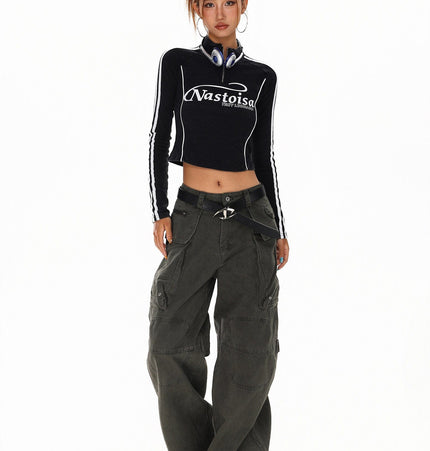 THETLSTUDIO XPKAEAX American Spice Girl Monogram Print Half Zip High Neck Long Sleeve T-Shirt Women's Fall Slim Crop Top