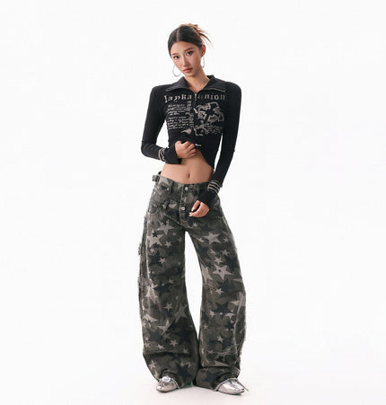 THETLSTUDIO XPKAEAX American Spice Girl Monogram Print Stand Neck Long Sleeve T-Shirt Women's Base Jacket Slim Slim Short Top