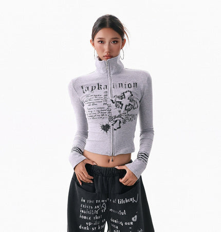 THETLSTUDIO XPKAEAX American Spice Girl Monogram Print Stand Neck Long Sleeve T-Shirt Women's Base Jacket Slim Slim Short Top