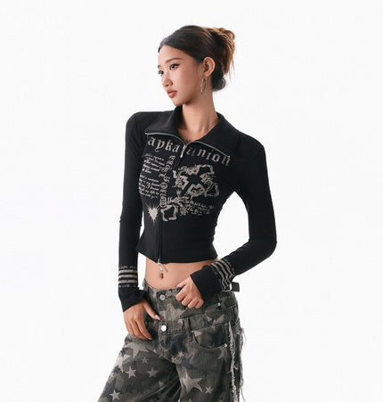 THETLSTUDIO XPKAEAX American Spice Girl Monogram Print Stand Neck Long Sleeve T-Shirt Women's Base Jacket Slim Slim Short Top