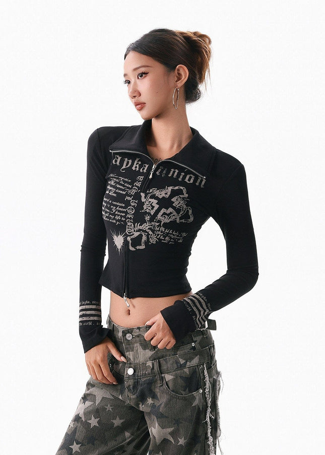 TALKLESSFASHION XPKAEAX American Spice Girl Monogram Print Stand Neck Long Sleeve T-Shirt Women's Base Jacket Slim Slim Short Top