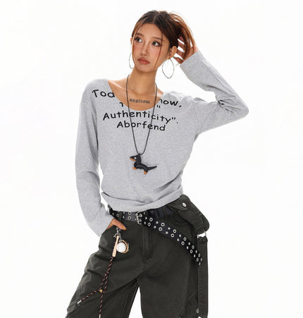 THETLSTUDIO XPKAEAX American Spice Girl Monogram Print U-Neck Long Sleeve T-Shirt Women Fall 2025 Loose Off-the-Shoulder Top ins