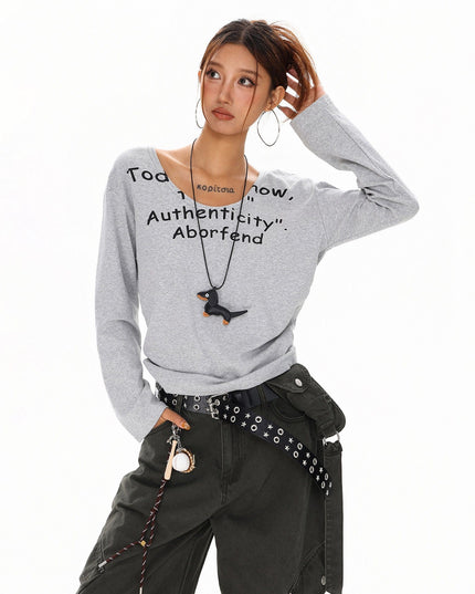TALKLESSFASHION XPKAEAX American Spice Girl Monogram Print U-Neck Long Sleeve T-Shirt Women Fall 2025 Loose Off-the-Shoulder Top ins