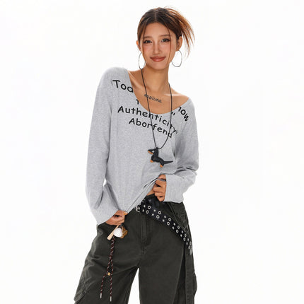 TALKLESSFASHION XPKAEAX American Spice Girl Monogram Print U-Neck Long Sleeve T-Shirt Women Fall 2025 Loose Off-the-Shoulder Top ins
