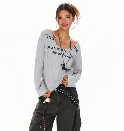 THETLSTUDIO XPKAEAX American Spice Girl Monogram Print U-Neck Long Sleeve T-Shirt Women Fall 2025 Loose Off-the-Shoulder Top ins