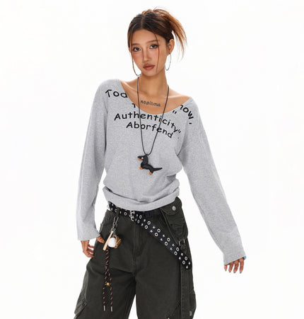 THETLSTUDIO XPKAEAX American Spice Girl Monogram Print U-Neck Long Sleeve T-Shirt Women Fall 2025 Loose Off-the-Shoulder Top ins