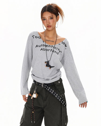 TALKLESSFASHION XPKAEAX American Spice Girl Monogram Print U-Neck Long Sleeve T-Shirt Women Fall 2025 Loose Off-the-Shoulder Top ins
