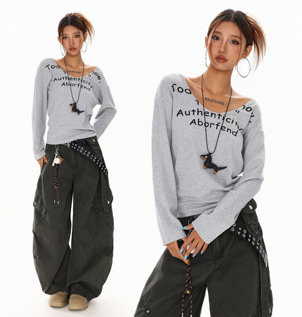 THETLSTUDIO XPKAEAX American Spice Girl Monogram Print U-Neck Long Sleeve T-Shirt Women Fall 2025 Loose Off-the-Shoulder Top ins