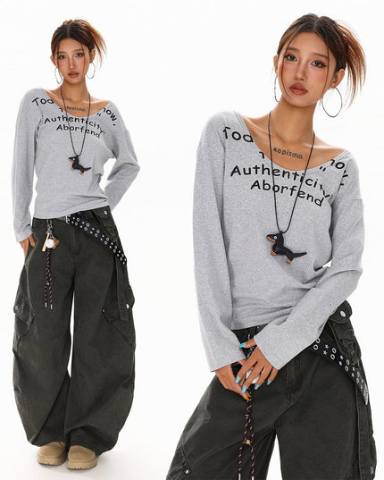 TALKLESSFASHION XPKAEAX American Spice Girl Monogram Print U-Neck Long Sleeve T-Shirt Women Fall 2025 Loose Off-the-Shoulder Top ins