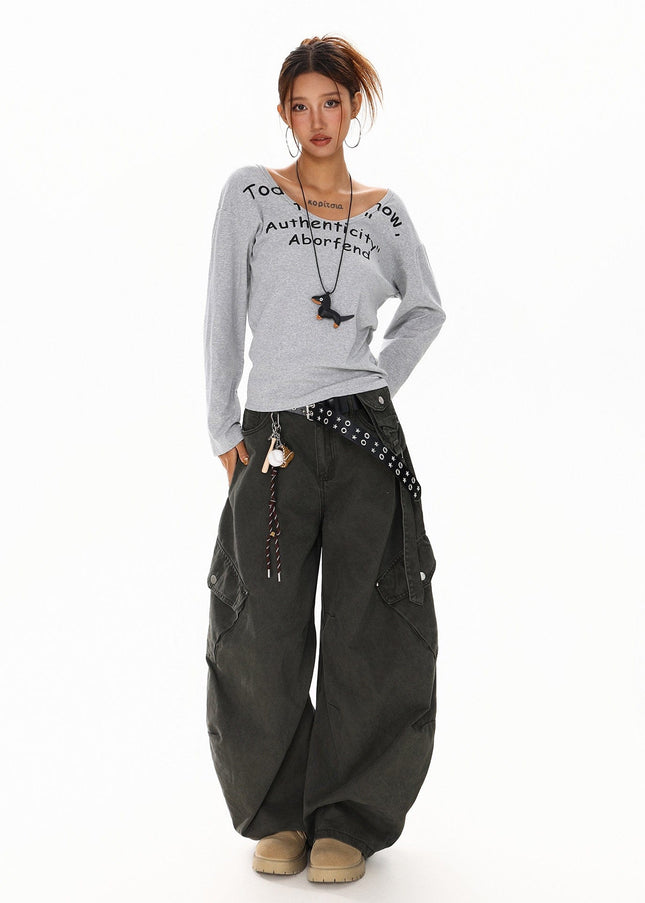 TALKLESSFASHION XPKAEAX American Spice Girl Monogram Print U-Neck Long Sleeve T-Shirt Women Fall 2025 Loose Off-the-Shoulder Top ins