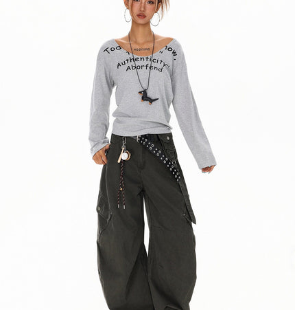 THETLSTUDIO XPKAEAX American Spice Girl Monogram Print U-Neck Long Sleeve T-Shirt Women Fall 2025 Loose Off-the-Shoulder Top ins