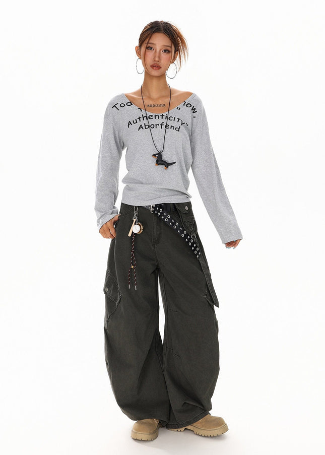 TALKLESSFASHION XPKAEAX American Spice Girl Monogram Print U-Neck Long Sleeve T-Shirt Women Fall 2025 Loose Off-the-Shoulder Top ins