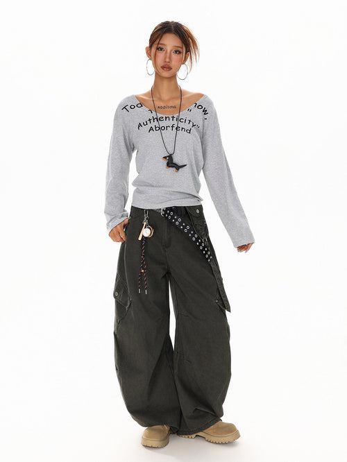 THETLSTUDIO XPKAEAX American Spice Girl Monogram Print U-Neck Long Sleeve T-Shirt Women Fall 2025 Loose Off-the-Shoulder Top ins