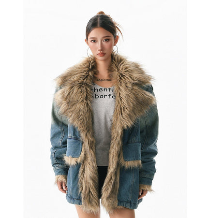 THETLSTUDIO XPKAEAX American vintage fur collar mountain carving cotton suit women's winter washing distressed denim cotton jacket ins