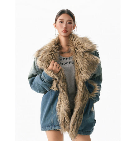 THETLSTUDIO XPKAEAX American vintage fur collar mountain carving cotton suit women's winter washing distressed denim cotton jacket ins
