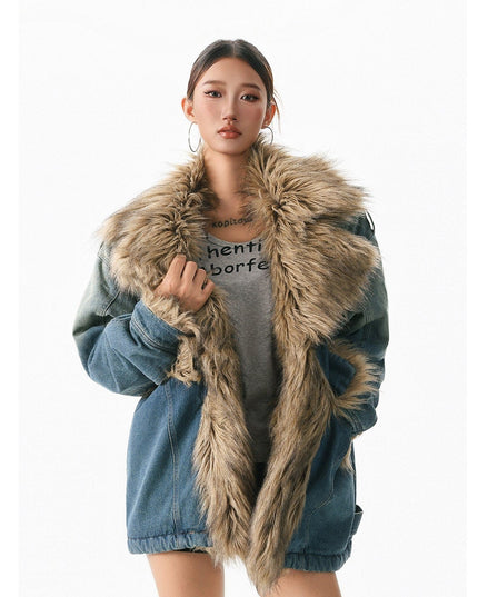 TALKLESSFASHION XPKAEAX American vintage fur collar mountain carving cotton suit women's winter washing distressed denim cotton jacket ins