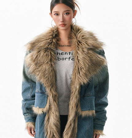 THETLSTUDIO XPKAEAX American vintage fur collar mountain carving cotton suit women's winter washing distressed denim cotton jacket ins