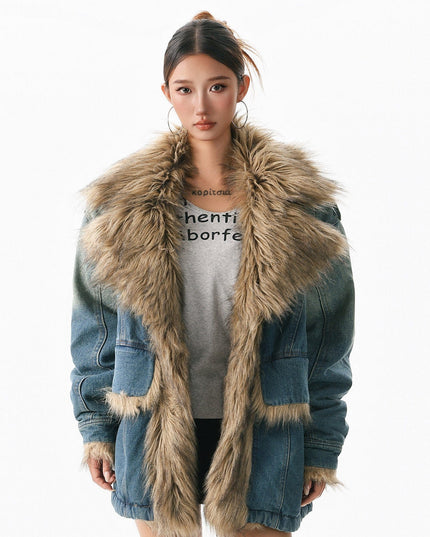 TALKLESSFASHION XPKAEAX American vintage fur collar mountain carving cotton suit women's winter washing distressed denim cotton jacket ins