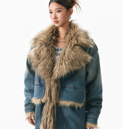 THETLSTUDIO XPKAEAX American vintage fur collar mountain carving cotton suit women's winter washing distressed denim cotton jacket ins