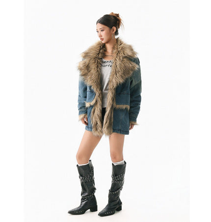 THETLSTUDIO XPKAEAX American vintage fur collar mountain carving cotton suit women's winter washing distressed denim cotton jacket ins