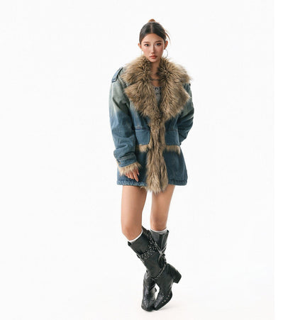 THETLSTUDIO XPKAEAX American vintage fur collar mountain carving cotton suit women's winter washing distressed denim cotton jacket ins