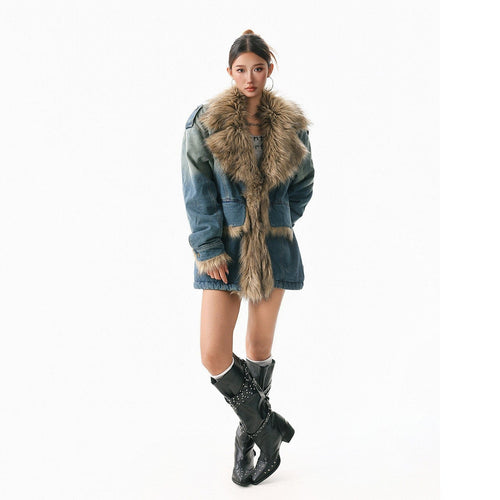 THETLSTUDIO XPKAEAX American vintage fur collar mountain carving cotton suit women's winter washing distressed denim cotton jacket ins