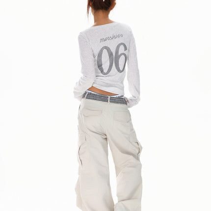 TALKLESSFASHION XPKAEAX American vintage hot diamond letter long sleeve T-shirt hot girl style slim slim pre-fall thin top