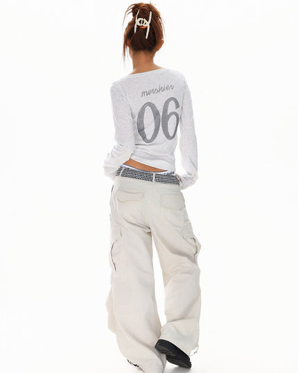TALKLESSFASHION XPKAEAX American vintage hot diamond letter long sleeve T-shirt hot girl style slim slim pre-fall thin top
