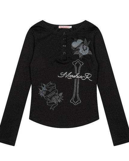 TALKLESSFASHION XPKAEAX American vintage hot diamond letter long sleeve T-shirt hot girl style slim slim pre-fall thin top