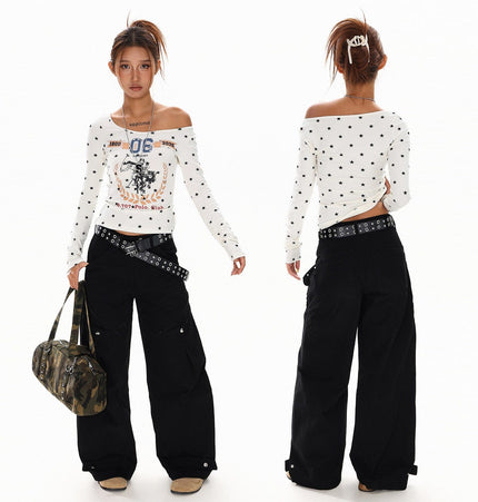 THETLSTUDIO XPKAEAX American Vintage Spice Girl Star Off-the-Shoulder Long Sleeve T-Shirt Women's Slanted Shoulder Slimming Slimming One-Shoulder Top