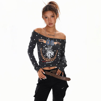 TALKLESSFASHION XPKAEAX American Vintage Spice Girl Star Off-the-Shoulder Long Sleeve T-Shirt Women's Slanted Shoulder Slimming Slimming One-Shoulder Top