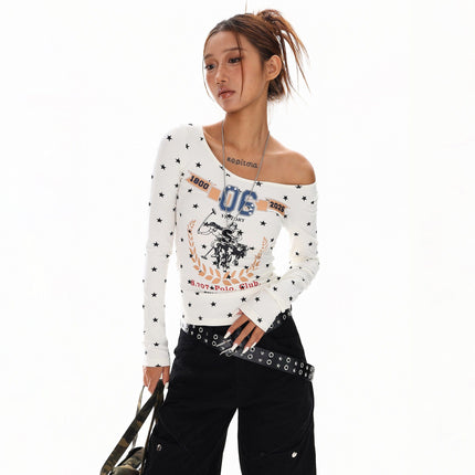 TALKLESSFASHION XPKAEAX American Vintage Spice Girl Star Off-the-Shoulder Long Sleeve T-Shirt Women's Slanted Shoulder Slimming Slimming One-Shoulder Top