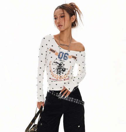 THETLSTUDIO XPKAEAX American Vintage Spice Girl Star Off-the-Shoulder Long Sleeve T-Shirt Women's Slanted Shoulder Slimming Slimming One-Shoulder Top