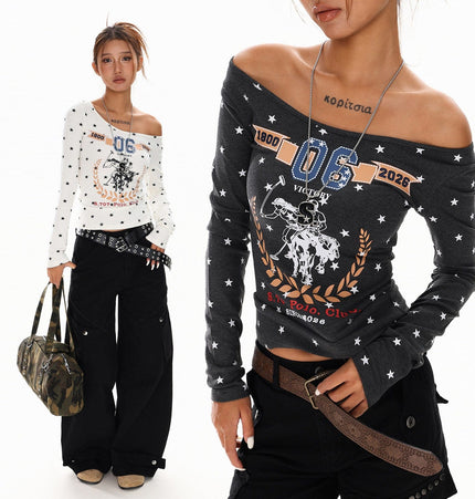 THETLSTUDIO XPKAEAX American Vintage Spice Girl Star Off-the-Shoulder Long Sleeve T-Shirt Women's Slanted Shoulder Slimming Slimming One-Shoulder Top