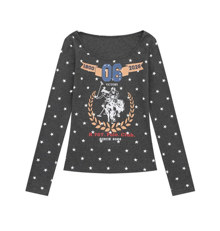 THETLSTUDIO XPKAEAX American Vintage Spice Girl Star Off-the-Shoulder Long Sleeve T-Shirt Women's Slanted Shoulder Slimming Slimming One-Shoulder Top