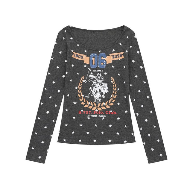 TALKLESSFASHION XPKAEAX American Vintage Spice Girl Star Off-the-Shoulder Long Sleeve T-Shirt Women's Slanted Shoulder Slimming Slimming One-Shoulder Top