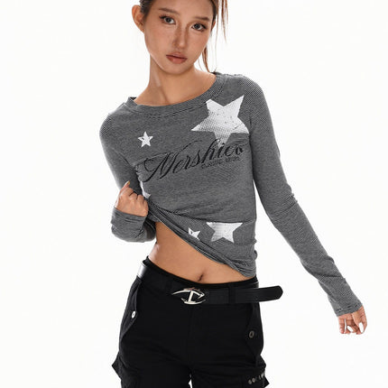 TALKLESSFASHION XPKAEAX American Vintage Spice Girl Striped Long Sleeve T-Shirt Women's 2025 Fall Slim Slimming Top Base Layer