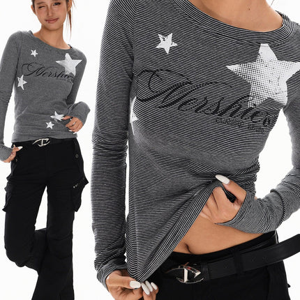 TALKLESSFASHION XPKAEAX American Vintage Spice Girl Striped Long Sleeve T-Shirt Women's 2025 Fall Slim Slimming Top Base Layer