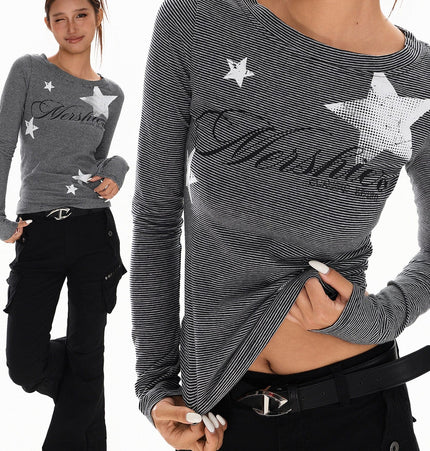 THETLSTUDIO XPKAEAX American Vintage Spice Girl Striped Long Sleeve T-Shirt Women's 2025 Fall Slim Slimming Top Base Layer