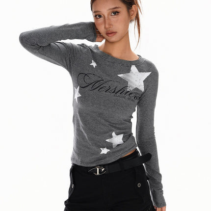 TALKLESSFASHION XPKAEAX American Vintage Spice Girl Striped Long Sleeve T-Shirt Women's 2025 Fall Slim Slimming Top Base Layer
