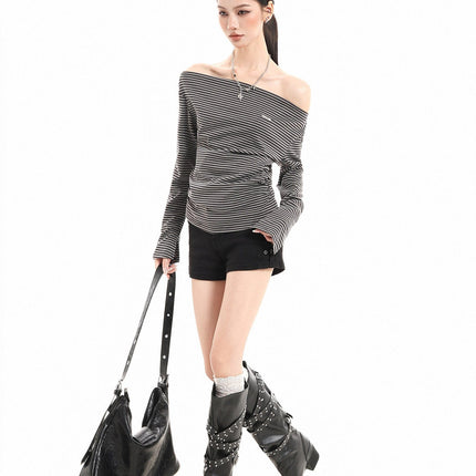 TALKLESSFASHION XPKAEAX American Vintage Striped Contrast One-Shoulder Long Sleeve T-Shirt Women's Spring New Loose Waist Top
