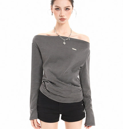 THETLSTUDIO XPKAEAX American Vintage Striped Contrast One-Shoulder Long Sleeve T-Shirt Women's Spring New Loose Waist Top