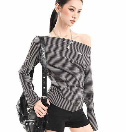 THETLSTUDIO XPKAEAX American Vintage Striped Contrast One-Shoulder Long Sleeve T-Shirt Women's Spring New Loose Waist Top