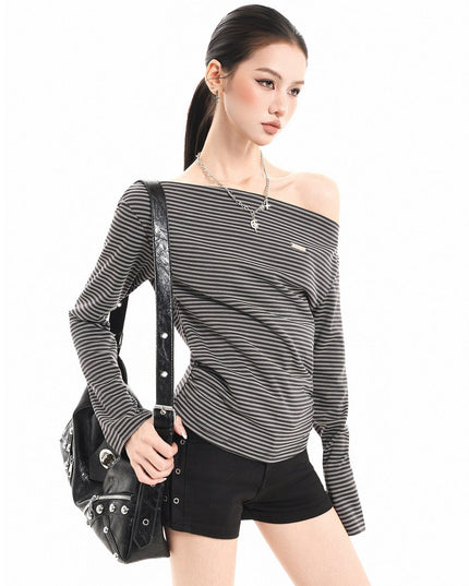 TALKLESSFASHION XPKAEAX American Vintage Striped Contrast One-Shoulder Long Sleeve T-Shirt Women's Spring New Loose Waist Top