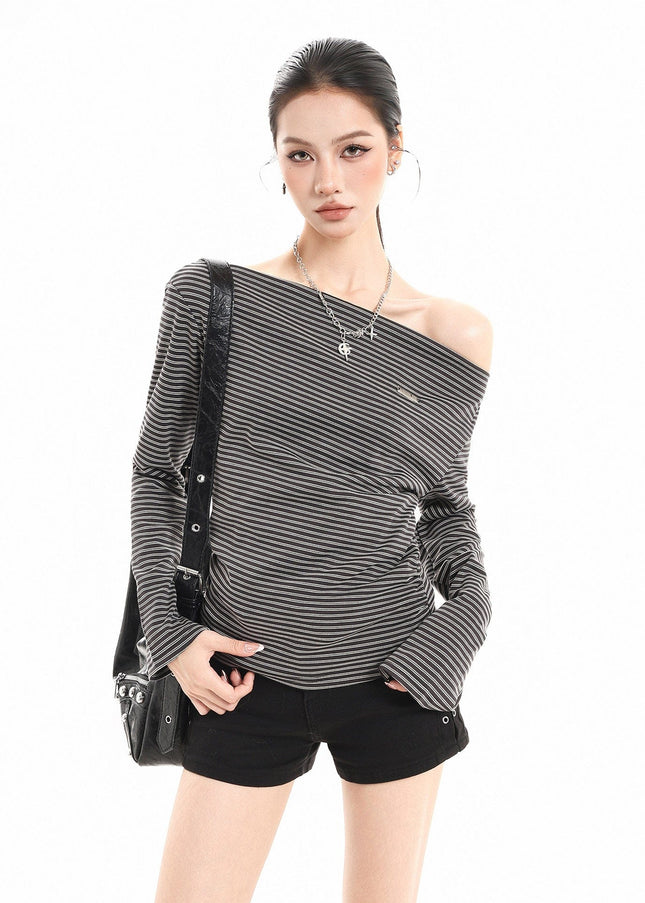 TALKLESSFASHION XPKAEAX American Vintage Striped Contrast One-Shoulder Long Sleeve T-Shirt Women's Spring New Loose Waist Top