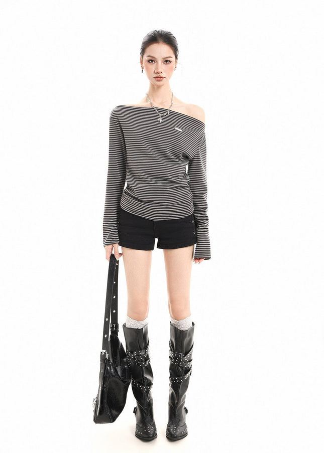 TALKLESSFASHION XPKAEAX American Vintage Striped Contrast One-Shoulder Long Sleeve T-Shirt Women's Spring New Loose Waist Top