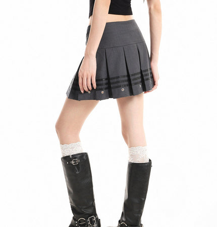 THETLSTUDIO XPKAEAX American Vintage Striped Paneled Skirt Women's Spring New Leather Buckle Preppy Pleated Skirt